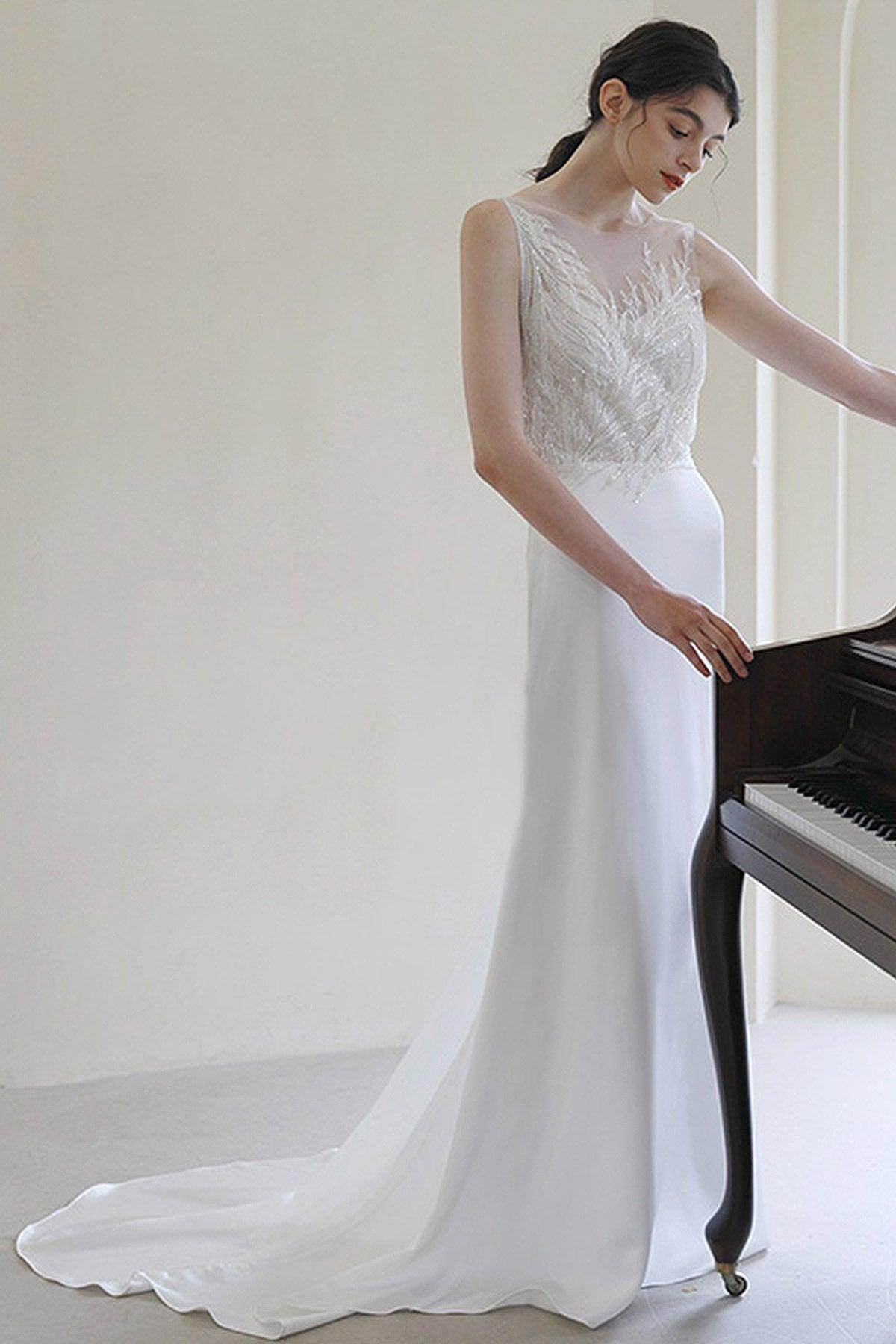 Sheath Sweep-Brush Train Lace Satin Wedding Dress CW3055 - COCOMELODY